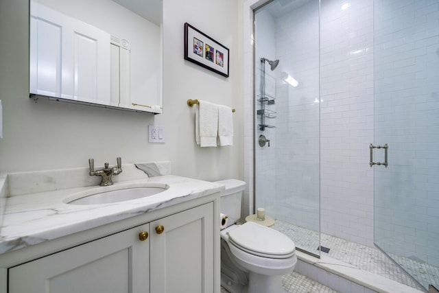 bathroom with vanity, toilet, and a shower with shower door