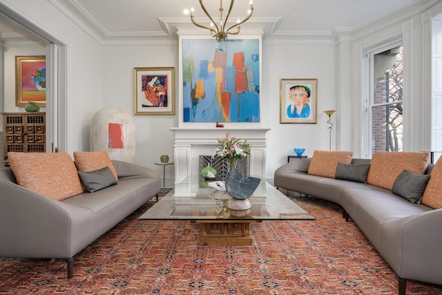 living room featuring a chandelier and ornamental molding