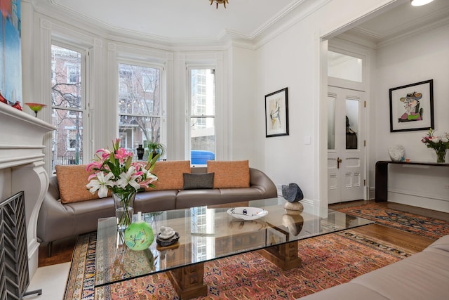 living room with ornamental molding