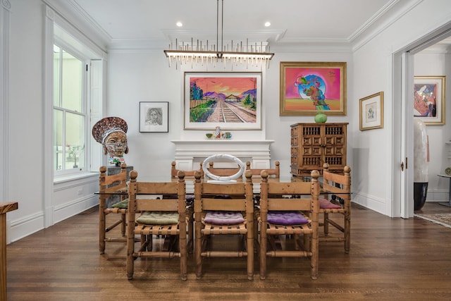 dining area featuring a chandelier, dark hardwood / wood-style floors, plenty of natural light, and ornamental molding