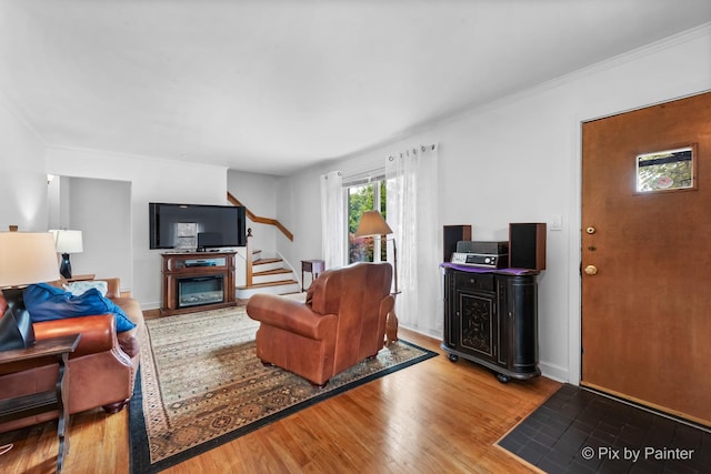 living room with hardwood / wood-style flooring, crown molding, and a fireplace