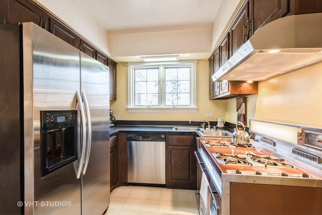 kitchen featuring dark brown cabinets, sink, and stainless steel appliances