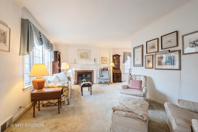 living room featuring light carpet, a brick fireplace, and crown molding