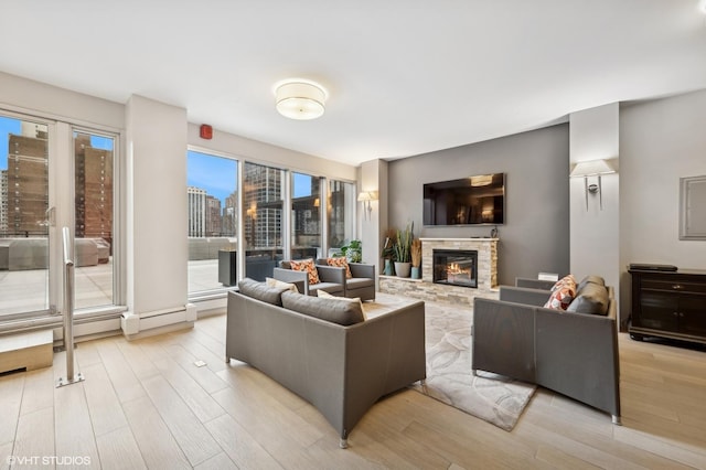 living room featuring a fireplace and light hardwood / wood-style floors