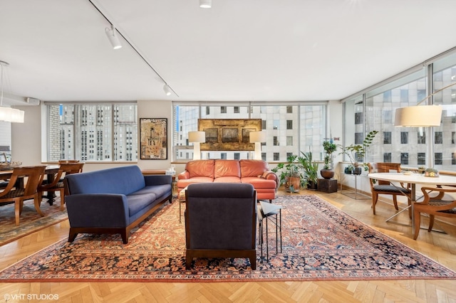 living room featuring light parquet flooring, rail lighting, and a wall of windows