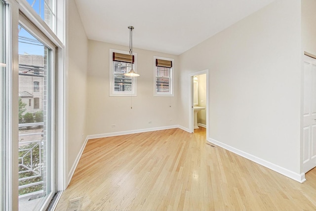 unfurnished dining area with a wealth of natural light and light hardwood / wood-style flooring