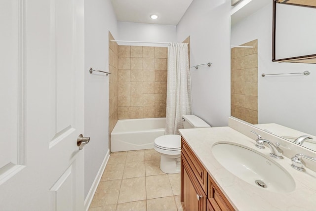 full bathroom with tile patterned flooring, vanity, toilet, and shower / tub combo with curtain