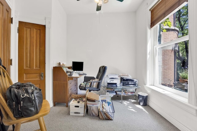 carpeted office space featuring ceiling fan