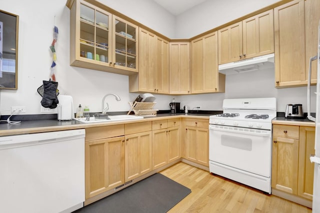 kitchen with light wood-type flooring, light brown cabinets, white appliances, and sink