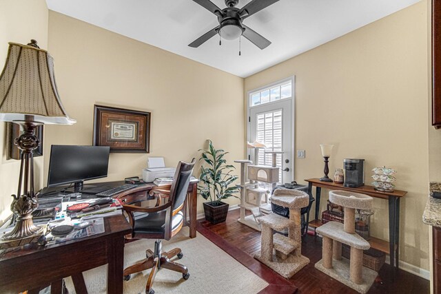 office area featuring hardwood / wood-style floors and ceiling fan