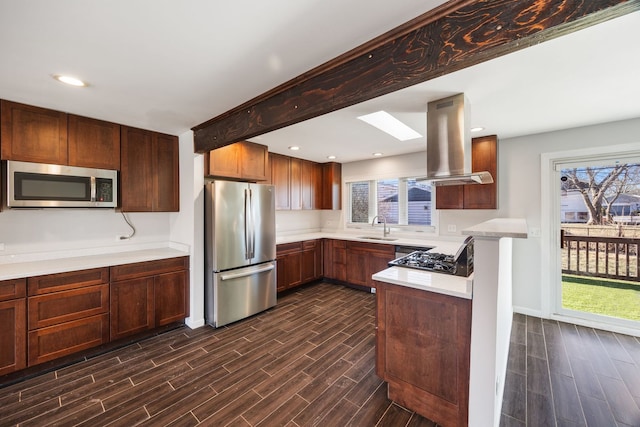 kitchen with island range hood, sink, stainless steel appliances, and a wealth of natural light