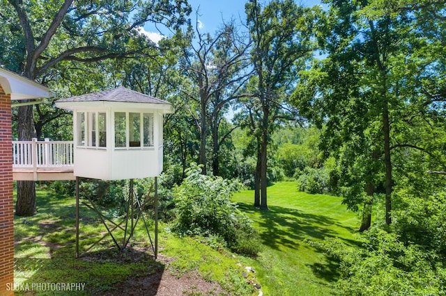 view of yard with a wooden deck