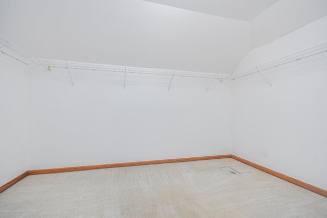 spacious closet featuring lofted ceiling and carpet floors