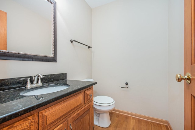 bathroom with wood-type flooring, vanity, and toilet