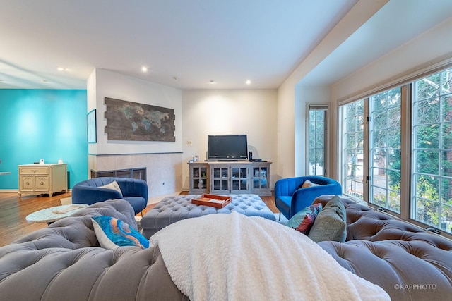 living room featuring a tiled fireplace and wood-type flooring