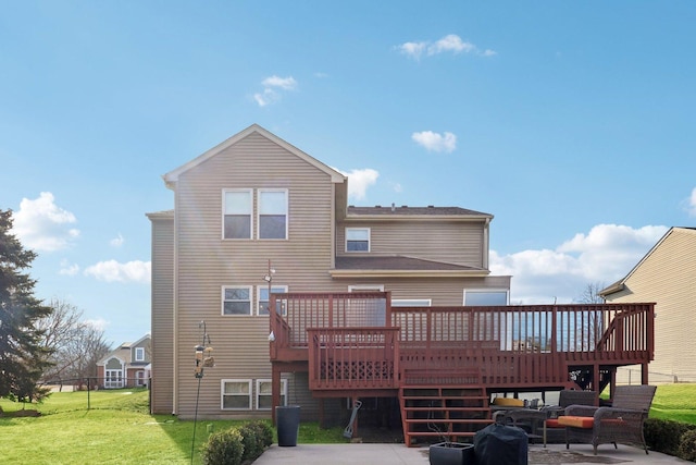 back of property with an outdoor hangout area, a yard, a patio area, and a deck