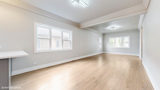 spare room with light hardwood / wood-style floors and crown molding