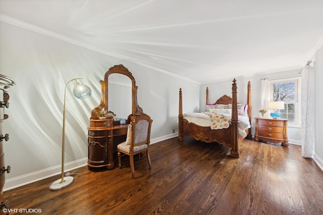 bedroom featuring dark wood-type flooring and ornamental molding