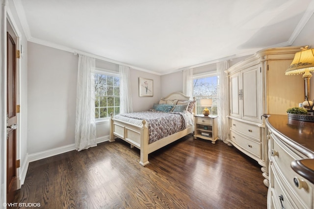 bedroom with dark wood-type flooring and crown molding