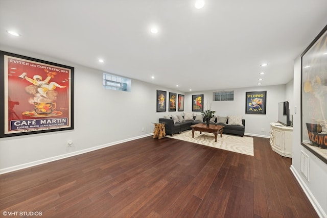 living room with dark wood-type flooring