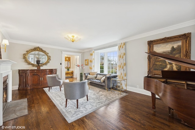 living room with dark hardwood / wood-style floors and ornamental molding