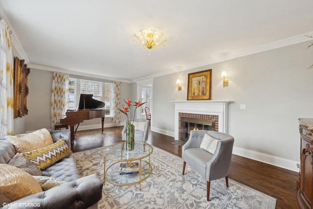 living room featuring ornamental molding, dark hardwood / wood-style floors, and a brick fireplace