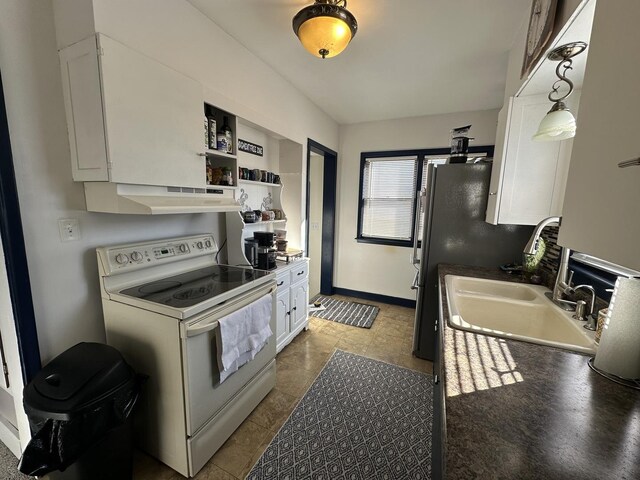 kitchen featuring white cabinetry, sink, hanging light fixtures, white electric range, and extractor fan