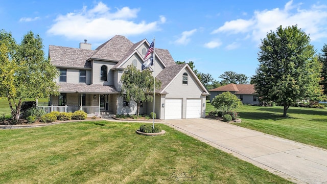 view of front of house with a front lawn, covered porch, and a garage