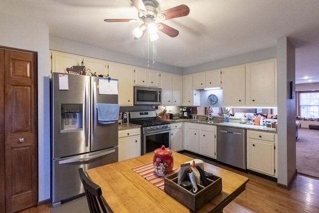 kitchen featuring white cabinets, ceiling fan, sink, and appliances with stainless steel finishes