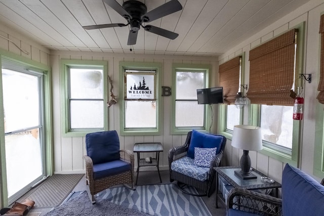 sunroom / solarium featuring ceiling fan and wooden ceiling