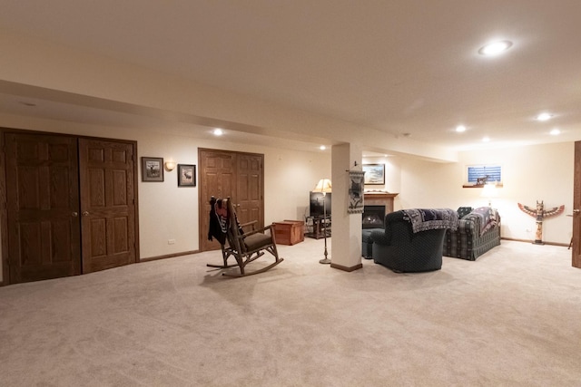 living room featuring light colored carpet