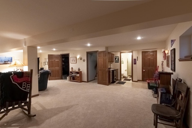 living room with light colored carpet