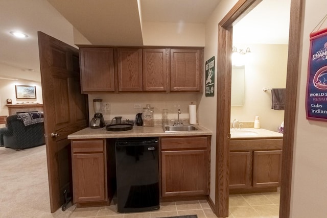 bar featuring black dishwasher, light colored carpet, and sink