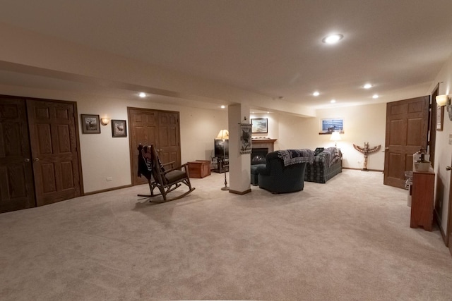 living room featuring light colored carpet