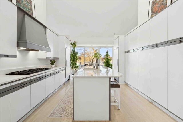 kitchen with light wood-type flooring, sink, white cabinetry, a breakfast bar area, and an island with sink