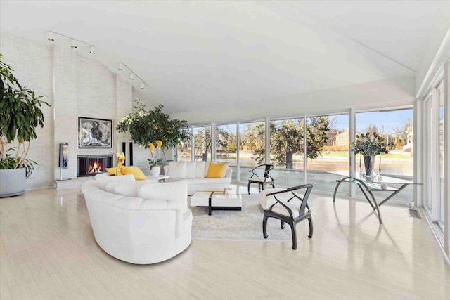 living room with a fireplace, track lighting, plenty of natural light, and lofted ceiling