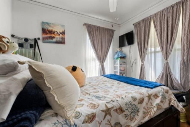 bedroom featuring multiple windows, ceiling fan, and crown molding