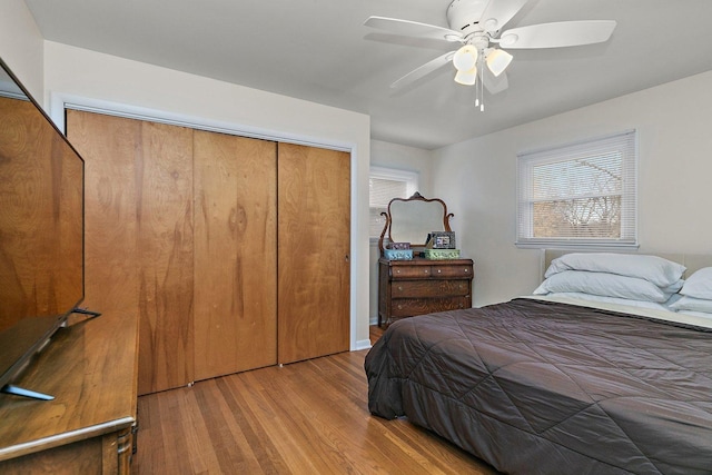 bedroom featuring a closet, light hardwood / wood-style flooring, and ceiling fan