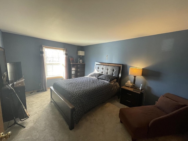 bedroom with light colored carpet