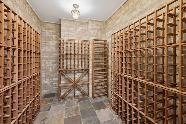 wine area with ornamental molding and brick wall