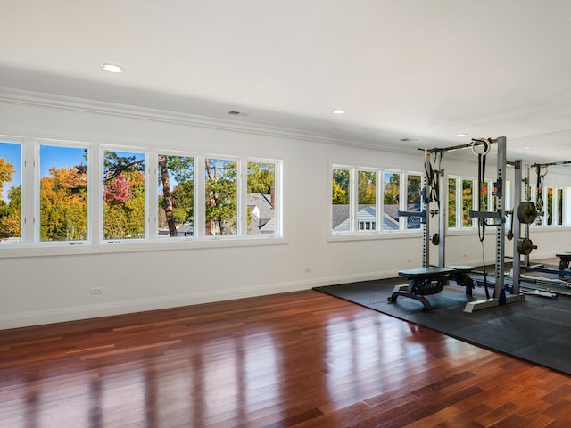 workout room with dark hardwood / wood-style flooring and crown molding