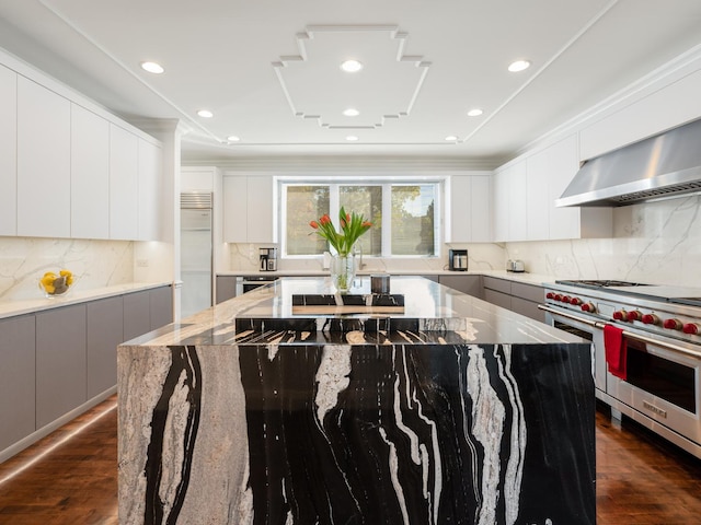 kitchen with high end appliances, dark wood-type flooring, a kitchen island, light stone counters, and white cabinetry