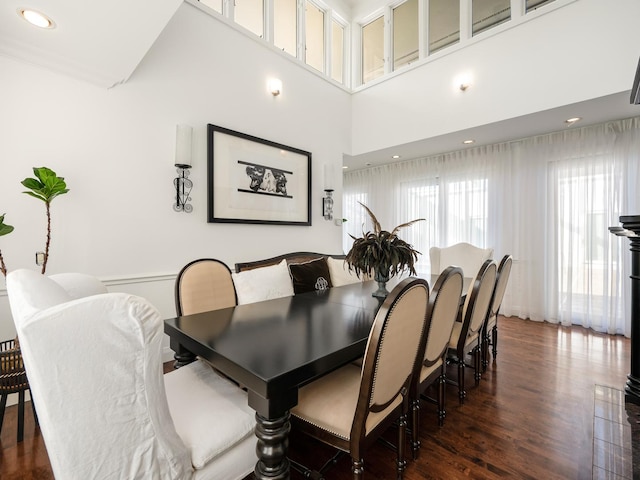 dining room featuring a high ceiling and dark hardwood / wood-style floors