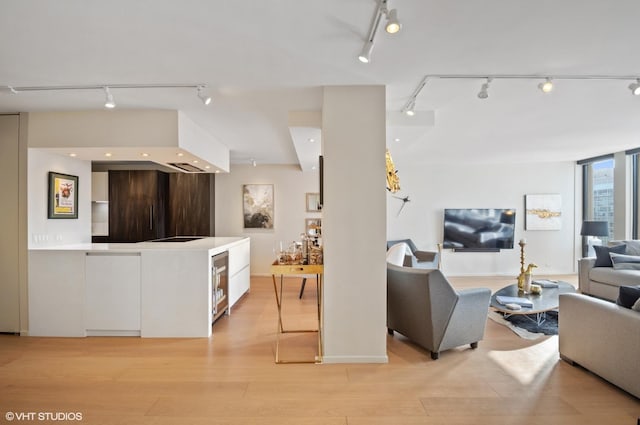 living room featuring wine cooler, expansive windows, and light wood-type flooring