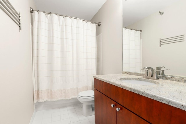 full bathroom featuring tile patterned floors, vanity, shower / bathtub combination with curtain, and toilet