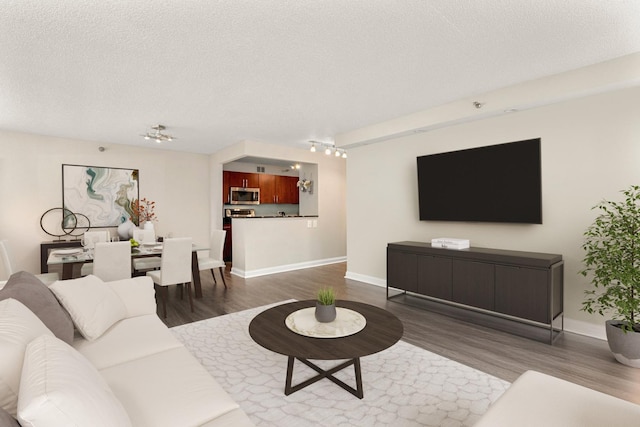 living room featuring a textured ceiling and dark wood-type flooring