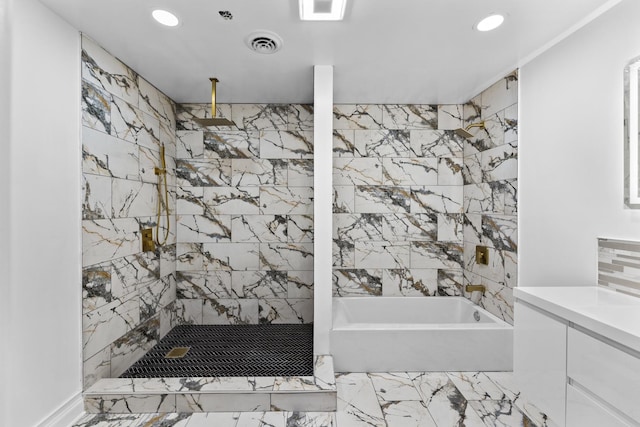 bathroom featuring vanity, independent shower and bath, and backsplash