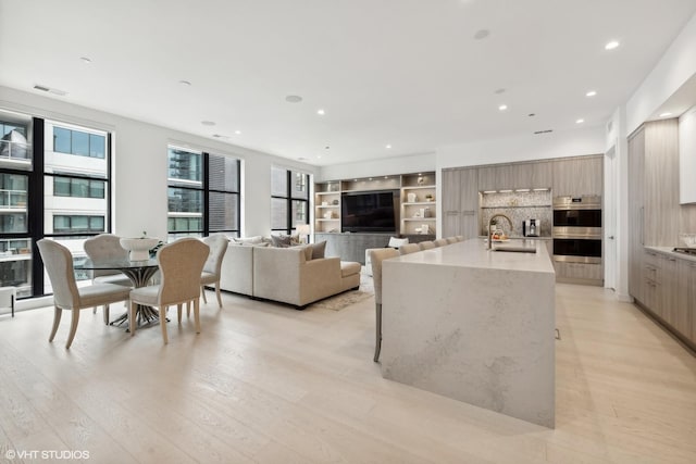 living room featuring sink and light hardwood / wood-style flooring