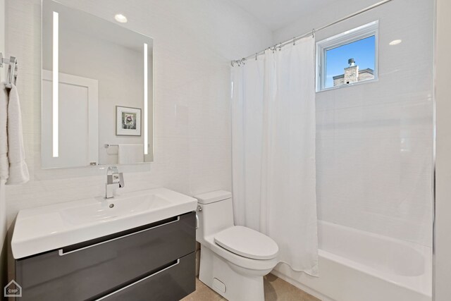 full bathroom with vanity, tasteful backsplash, toilet, and shower / bathtub combination with curtain