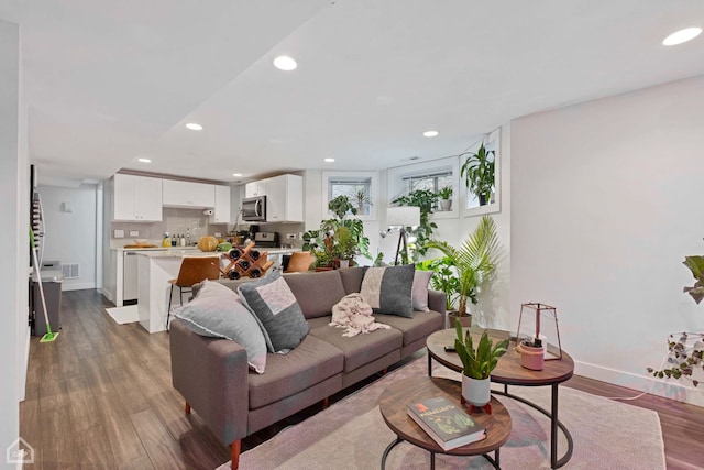 living room featuring dark wood-type flooring